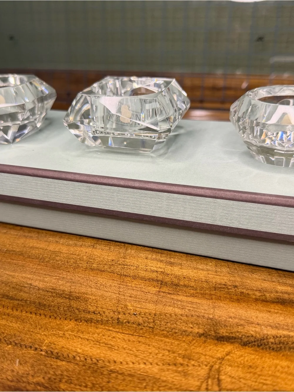 Restoration Hardware Crystal Square Teal Box with Clear Glass Candle Holders